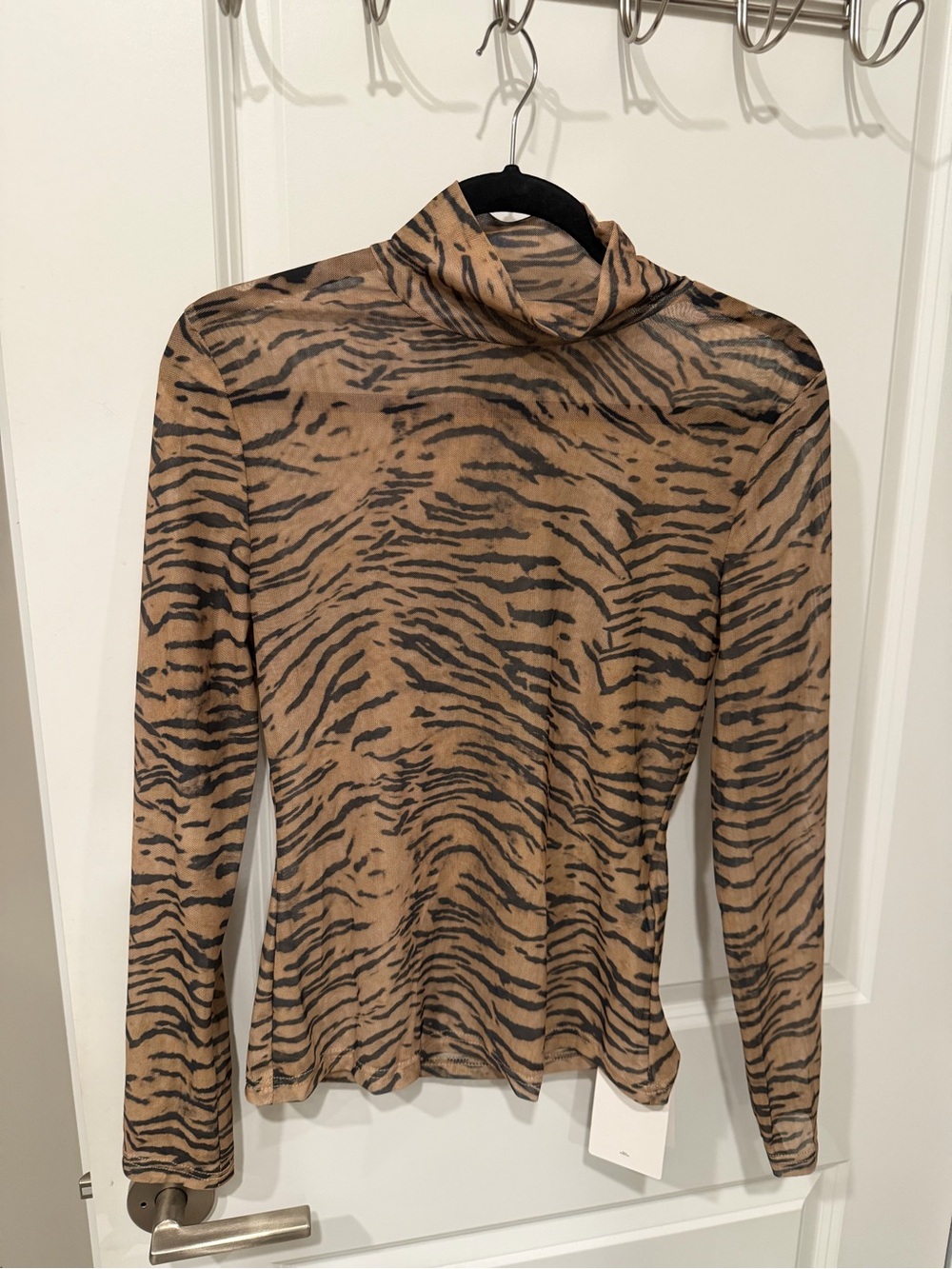 Women's Tan and Black Mesh Tiger-Print Turtleneck